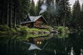 Cozy lakeside cabin surrounded by lush forest. Generative AI Royalty Free Stock Photo