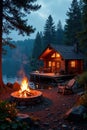 Cozy lakeside log cabin with crackling campfire, relaxing, summer, warm Royalty Free Stock Photo