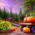 Cozy landscape with pumpkins, sunflowers and pine forest