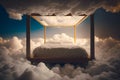 Cozy large double-steel bed with soft white fluffy linen and filler like clouds are shrouded in a bedroom. The concept of sweet