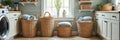Cozy laundry room with woven baskets and soft towels near a sunlit window Royalty Free Stock Photo