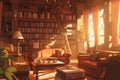Cozy Library Bathed In Warm Sunset Light, Inviting Readers To A Magical World