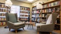 Cozy library reading corner with comfortable armchairs, table, and bookshelves, for study and relaxation. Royalty Free Stock Photo