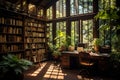 Cozy Library Haven: Sunlit Shelves, Vintage Charm, and Serene Reading Nook