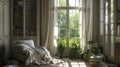 Cozy library room with sheer curtains, red armchair, and vintage bookshelves Royalty Free Stock Photo