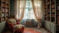 Cozy library room with sheer curtains, red armchair, and vintage bookshelves Royalty Free Stock Photo