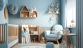 Cozy light blue nursery with natural wooden furniture Ai generative