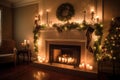 Cozy light Christmas living room with fireplace, burning candles, garland with lights, stocking. Royalty Free Stock Photo