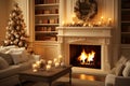 cozy light interior decorated with Christmas garlands, candles, burning fireplace, Christmas tree