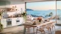 Cozy light kitchen interior with fancy modern furniture, dining area, spacious terrace and picturesque sea view. Luxury Royalty Free Stock Photo