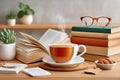Cozy literature study setup with coffee, books, and reading accessories Royalty Free Stock Photo