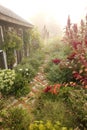 Cozy Little Rustic Shed with Stone and Brick Path in Cottage Garden in Fog Royalty Free Stock Photo