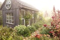 Cozy Little She-Shed and Brick Path in Cottage Garden on Foggy Morning Royalty Free Stock Photo