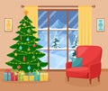 Cozy living interior with Christmas tree and armchair. New Year decorated living room. Vector illustration Royalty Free Stock Photo
