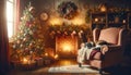 Cozy Christmas Living Room with Cat Napping in Armchair Royalty Free Stock Photo