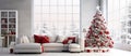 A cozy living room adorned with a Christmas tree, couch, and festive decor Royalty Free Stock Photo