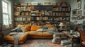 Cozy living room adorned with an extensive collection of books, AI-generated. Royalty Free Stock Photo