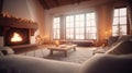 Cozy living room in an Alpine chalet. Rustic wooden furniture, a burning fireplace, a soft fluffy carpet, large Royalty Free Stock Photo