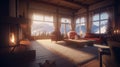 Cozy living room in an Alpine chalet. Rustic wooden furniture, a burning fireplace, a soft fluffy carpet, large Royalty Free Stock Photo