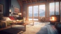 Cozy living room in an Alpine chalet. Rustic wooden furniture, a burning fireplace, a soft fluffy carpet, large Royalty Free Stock Photo