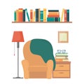 Cozy living room: armchair, nightstand, books, floor lamp, bookshelf. Interior elements of home library. Love reading concept
