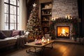 A cozy living room with a beautifully decorated fireplace, perfect for the Christmas season Royalty Free Stock Photo