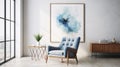 A cozy living room with a blue chair and an elegant artwork on the wall