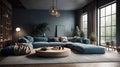 Cozy living room in blue and gray tones. Stylish corner sofa, round coffee table, carpet on wooden floor, plants in Royalty Free Stock Photo