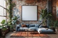 Cozy living room with brick walls and couch, mockup