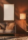 A cozy living room with a hardwood couch, lamp, and wall picture display Royalty Free Stock Photo