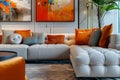 Cozy living room close-up with colorful cushions on a modern sofa. Interior design detail shot with abstract wall art Royalty Free Stock Photo