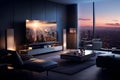 Cozy living room with comfortable seating and a sleek flat-screen TV, AI-generated.