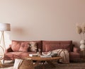 Cozy living room design, wall mockup in warm interior design space