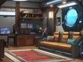 A cozy living room designed in retrofuturism style, featuring a fusion of analog devices and futuristic technology