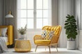 Yellow Plaid Chic Interior Design with Rattan Coffee Table and Armchair - Generative AI Royalty Free Stock Photo