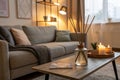 Cozy living room interior with grey sofa and reed diffuser Royalty Free Stock Photo