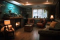 a cozy living room with a fireplace, aquarium, and comfy armchairs Royalty Free Stock Photo