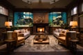 a cozy living room with a fireplace, aquarium, and comfy armchairs Royalty Free Stock Photo