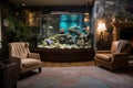 a cozy living room with a fireplace, aquarium, and comfy armchairs Royalty Free Stock Photo