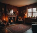 A cozy living room with a fireplace, armchair, and window, decorated with plants, exuding a warm, inviting atmosphere.