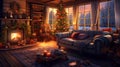 A cozy living room with a fireplace and a Christmas tree, overlooking the winter forest Royalty Free Stock Photo