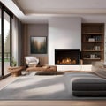 A cozy living room with a fireplace, large windows, and earthy tones3 Royalty Free Stock Photo