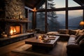 Cozy living room, fireplace, mountain landscape backdrop, inviting warmth Royalty Free Stock Photo