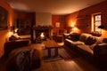 a cozy living room, with a fireplace and soft leather sofas