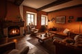 a cozy living room, with a fireplace and soft leather sofas