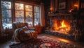 Cozy Living Room with Fireplace and Warm Lighting Royalty Free Stock Photo