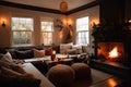 cozy living room with fireplace, windowsills lined with tea lights, and plush pillows