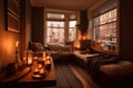 cozy living room with fireplace, windowsills lined with tea lights, and plush pillows