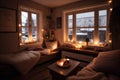 cozy living room with fireplace, windowsills lined with tea lights, and plush pillows