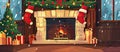 Cozy living room with gas fireplace, Christmas tree, and festive decorations Royalty Free Stock Photo